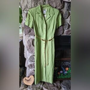 Green Linen blend Button-Down Dress with belt.